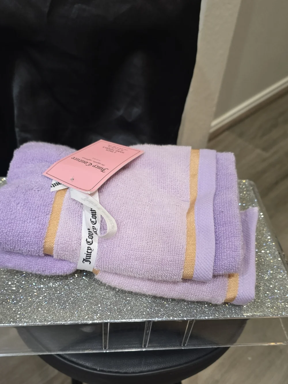 Juicy Couture Home Gold Embrodried Stripe Set Of 2 Hand Towels- Lavender